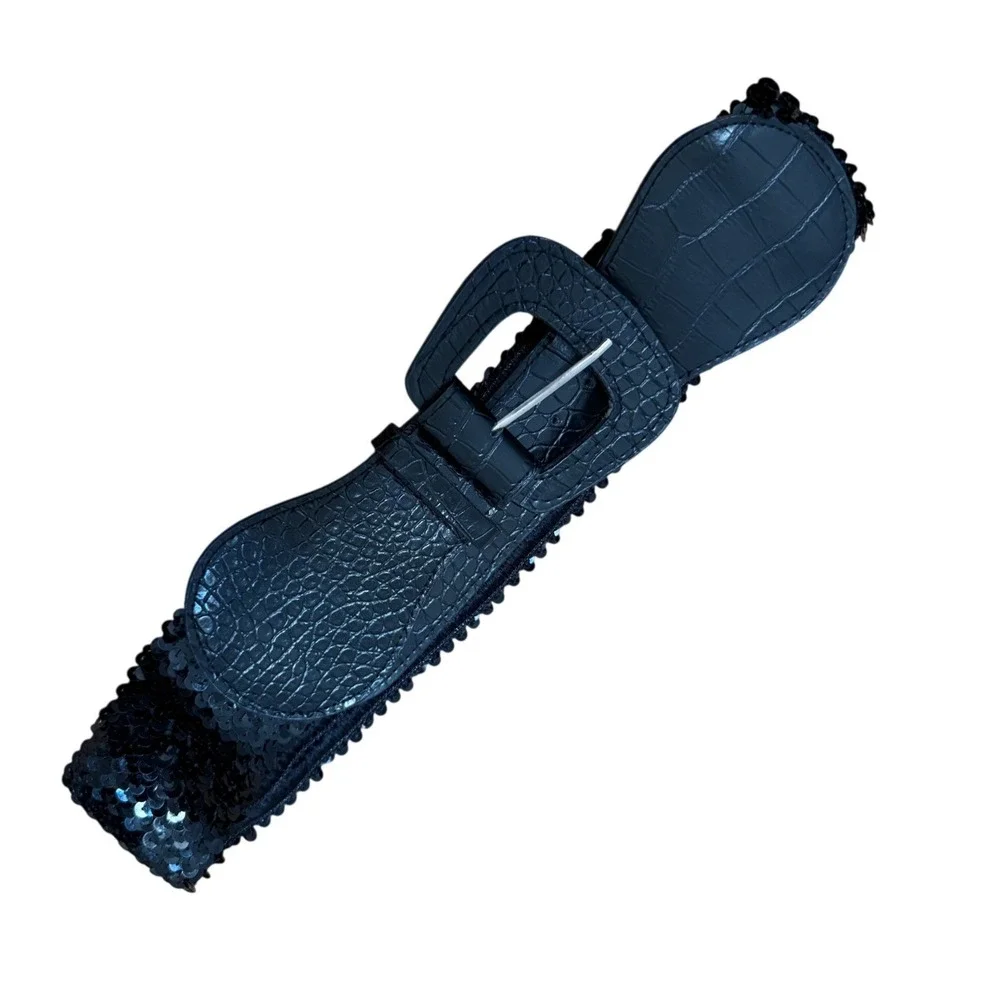 Unbranded Sequin‎ Waist Belt Women One Size Black Faux Croc Elastic Statement
